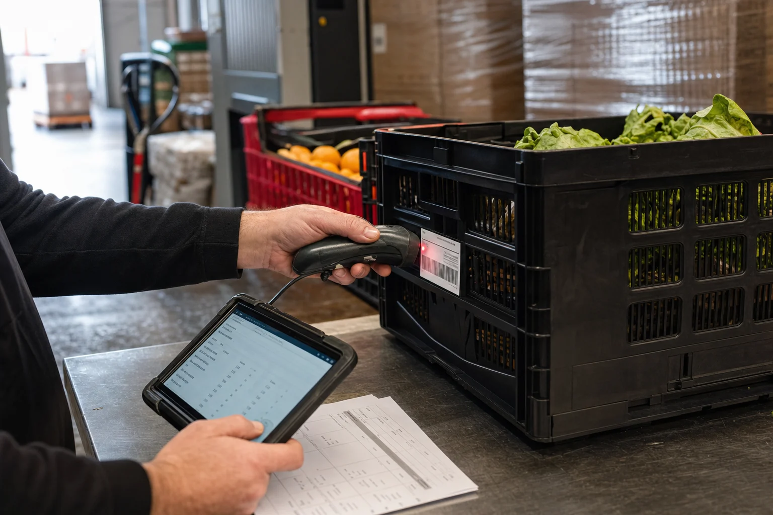 Operario de distribución alimentaria escaneando una caja de producto mientras consulta inventario y pedidos en una tableta